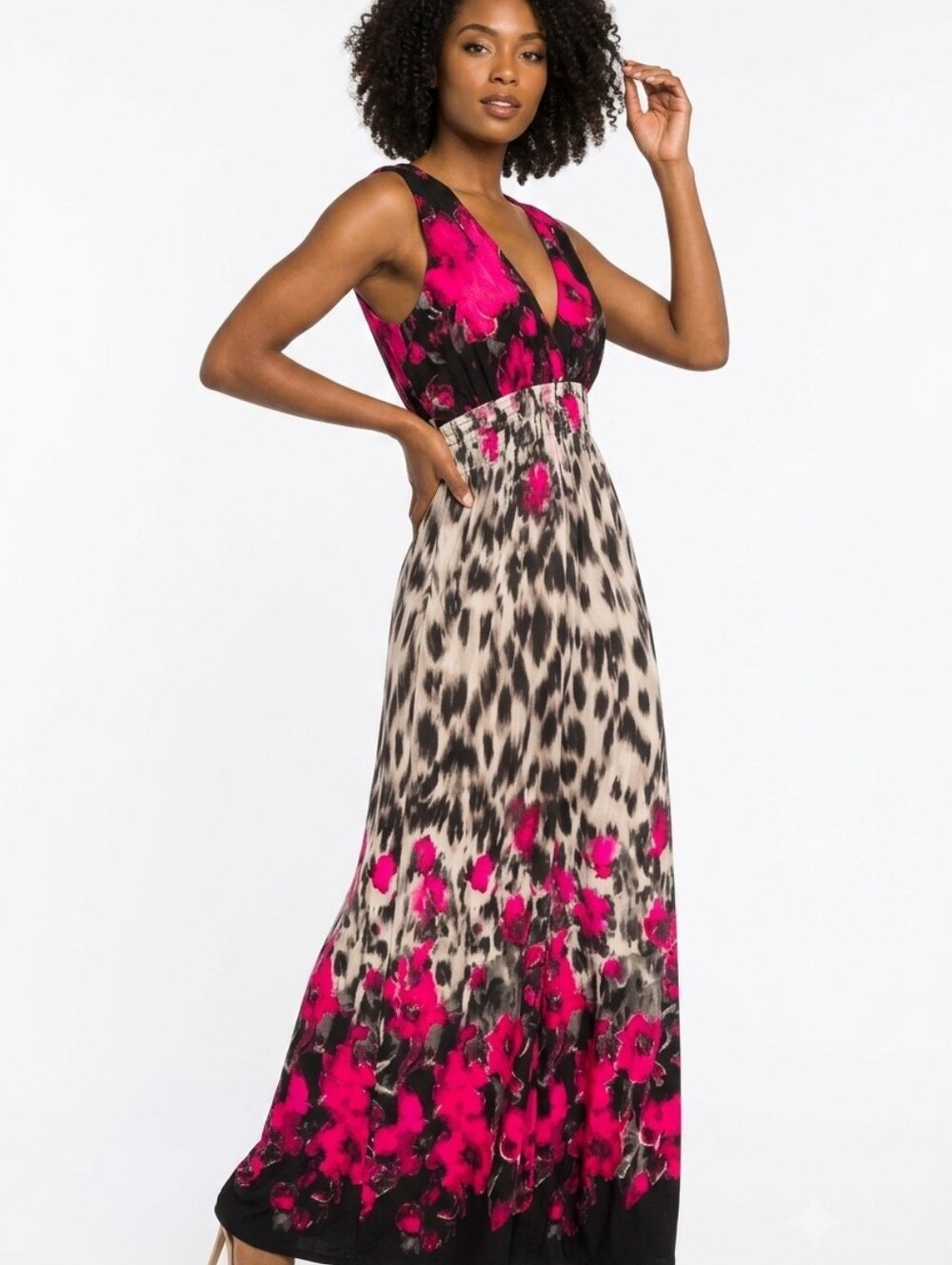 Michael F Floral and Animal Print Maxi Dress